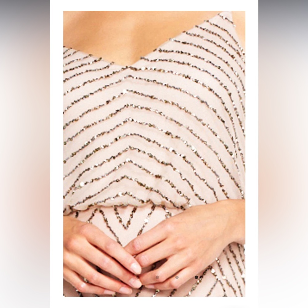 ADRIANNA PAPELL ART DECO BEADED BLOUSON GOWN IN TAUPE PINK SIZE 16 - Picture 5 of 17